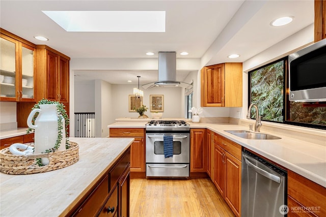 kitchen featuring a sink, light countertops, island exhaust hood, a skylight, and stainless steel appliances