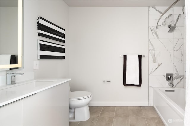 full bathroom with vanity, toilet, tiled shower / bath combo, and tile patterned flooring