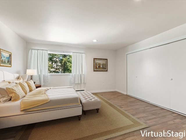 bedroom featuring wood-type flooring and a closet