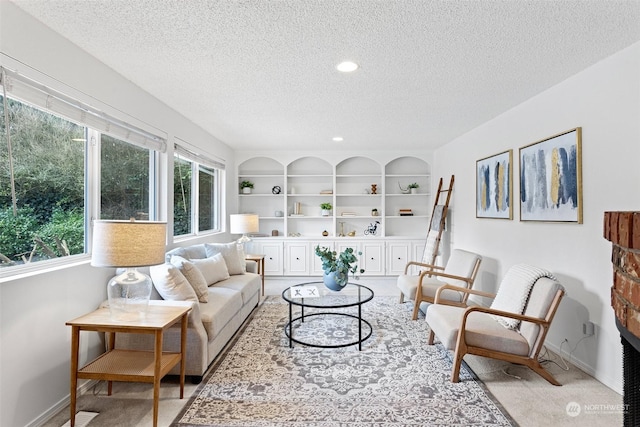 carpeted living room with built in features and a textured ceiling