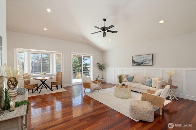 living area featuring recessed lighting, a decorative wall, a ceiling fan, vaulted ceiling, and hardwood / wood-style floors