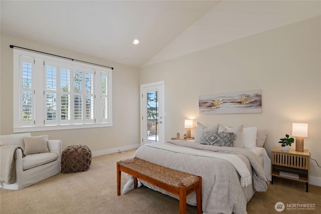 bedroom featuring access to exterior, carpet, lofted ceiling, and baseboards