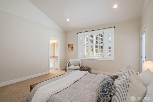 bedroom featuring lofted ceiling, light colored carpet, baseboards, and recessed lighting