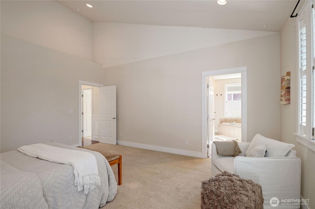 bedroom featuring carpet floors, recessed lighting, baseboards, and ensuite bathroom