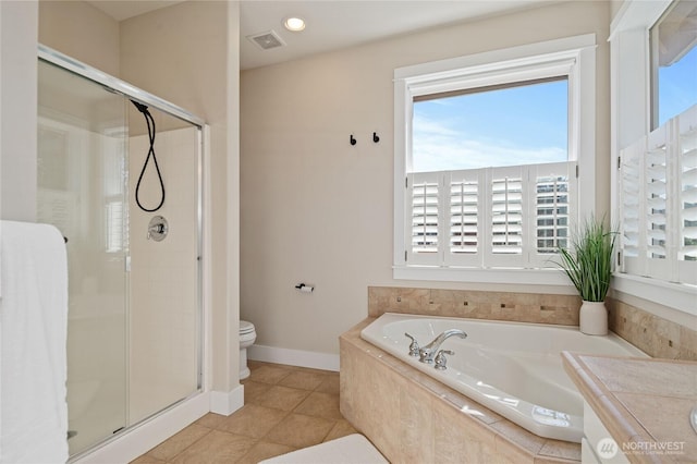 full bath with visible vents, a shower stall, toilet, and a bath