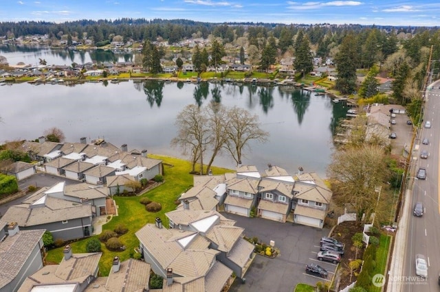 drone / aerial view with a residential view and a water view