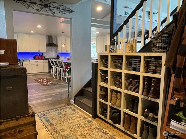 wine room with light tile patterned floors