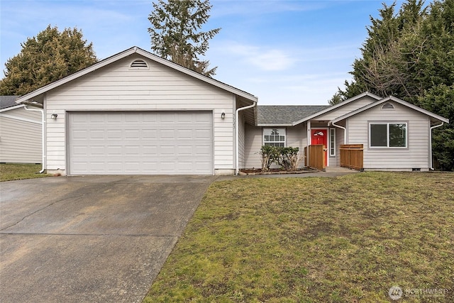 ranch-style home with a garage, concrete driveway, roof with shingles, and a front lawn