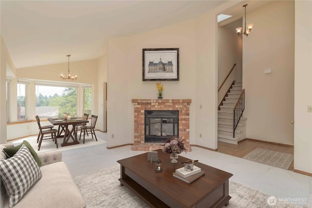 34126 30th Ave SW, Federal Way, WA 98023 - living area with a chandelier, vaulted ceiling, stairway, a brick fireplace, and carpet flooring