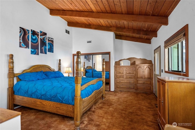 carpeted bedroom featuring vaulted ceiling with beams and wooden ceiling