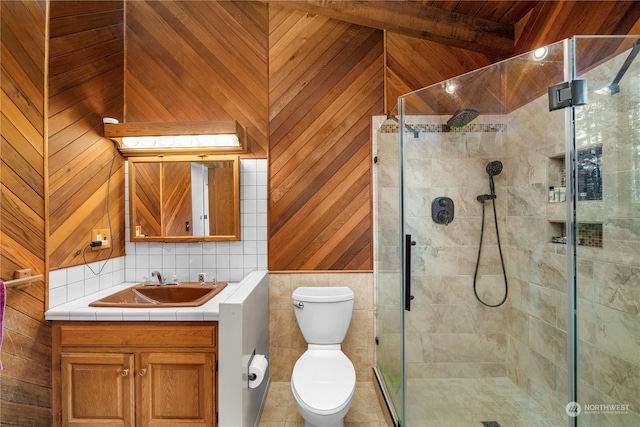 bathroom featuring vanity, toilet, wood walls, and a shower with shower door