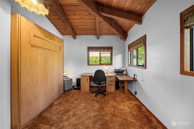 carpeted office space featuring wood ceiling and vaulted ceiling with beams