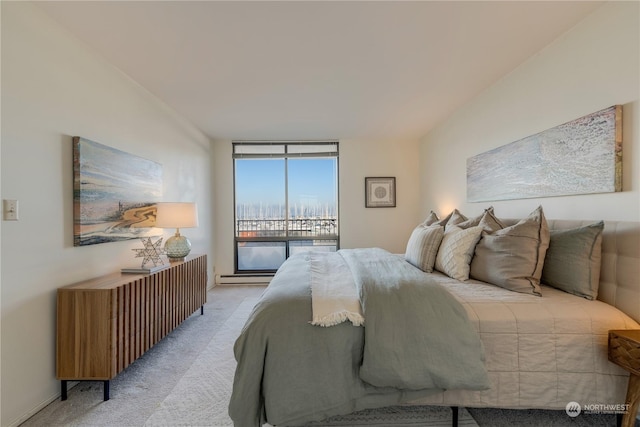 carpeted bedroom with a baseboard radiator, access to outside, and a wall of windows