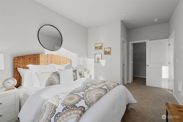 carpeted bedroom with a spacious closet and a closet