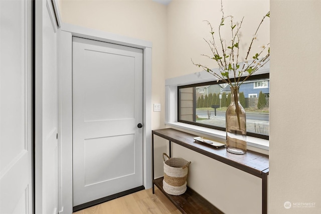 doorway to outside with light hardwood / wood-style floors