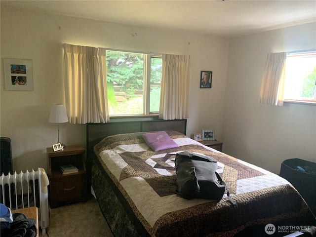 bedroom with multiple windows, radiator heating unit, and carpet flooring