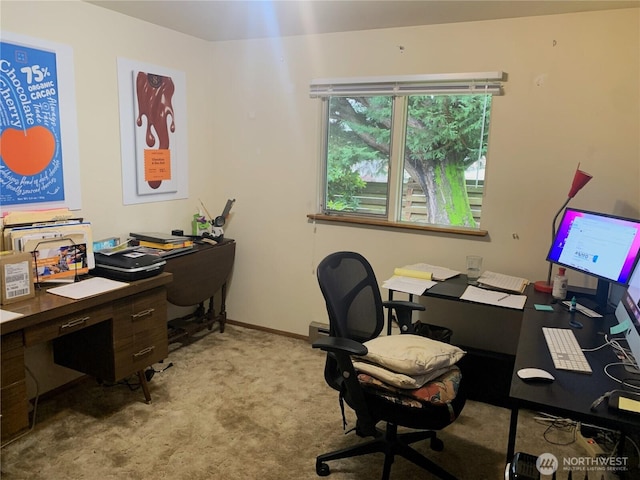 office area featuring light colored carpet and baseboards