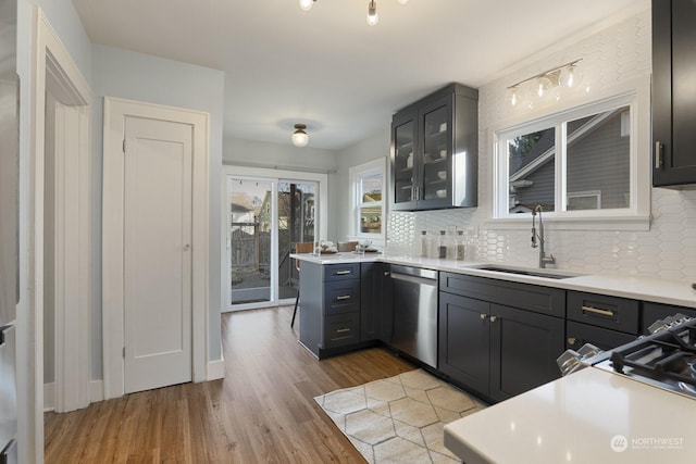 kitchen featuring sink, decorative backsplash, light hardwood / wood-style flooring, and stainless steel dishwasher