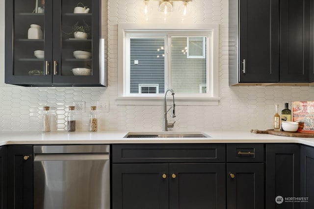 kitchen with tasteful backsplash, sink, and stainless steel dishwasher