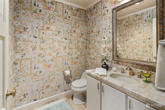 bathroom featuring crown molding, vanity, and toilet