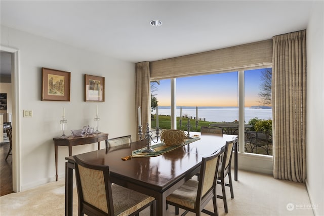 carpeted dining space with a water view