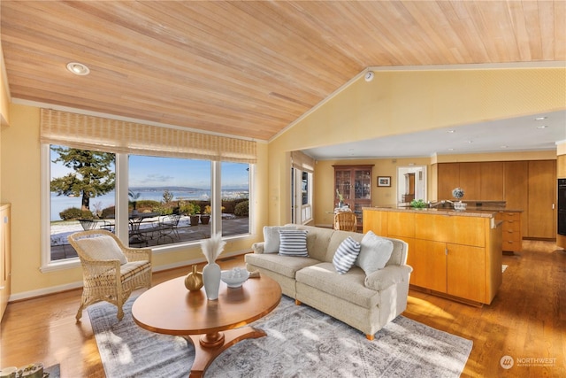 living room featuring lofted ceiling, light hardwood / wood-style flooring, and wooden ceiling