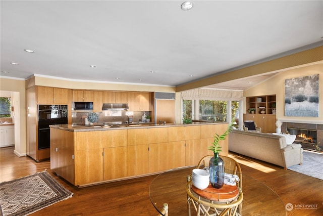 kitchen with tasteful backsplash, dark wood-type flooring, and black appliances