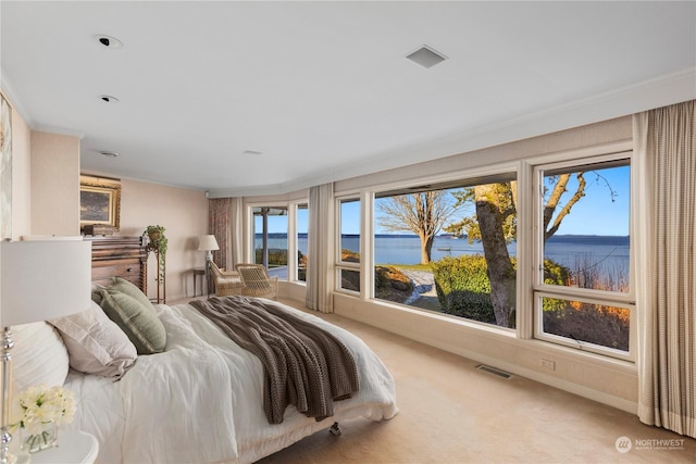 bedroom with a water view and carpet floors