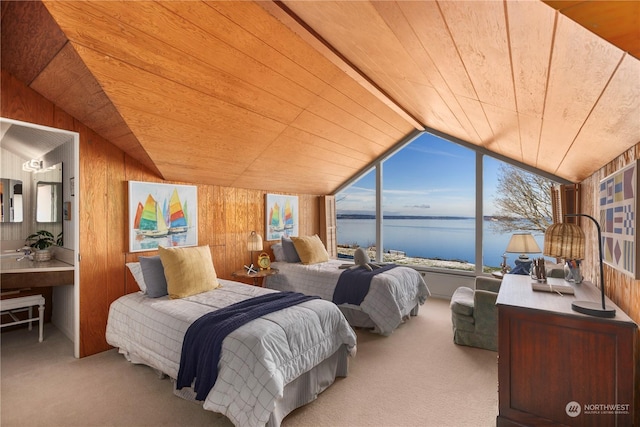 carpeted bedroom with wood ceiling, vaulted ceiling, wood walls, and a water view