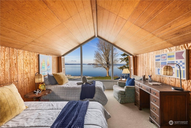 carpeted bedroom featuring vaulted ceiling, a water view, wooden ceiling, and wood walls