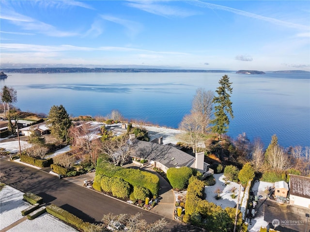 drone / aerial view featuring a water view