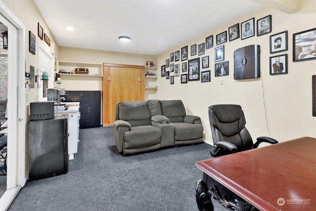 home office with dark carpet