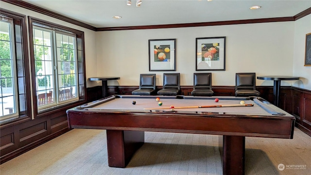 game room featuring ornamental molding and billiards