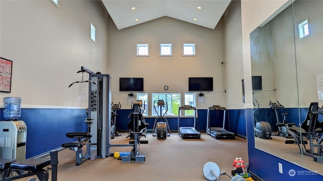 exercise room with carpet flooring and high vaulted ceiling