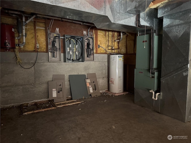 utilities featuring heating unit, electric panel, and water heater