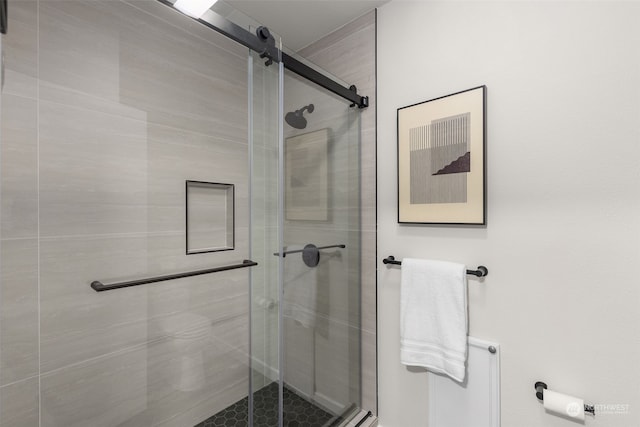 bathroom featuring a shower with shower door