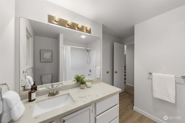 bathroom featuring toilet, wood-type flooring, vanity, and a shower with shower curtain