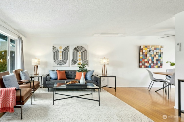 living room featuring wood-type flooring and a textured ceiling