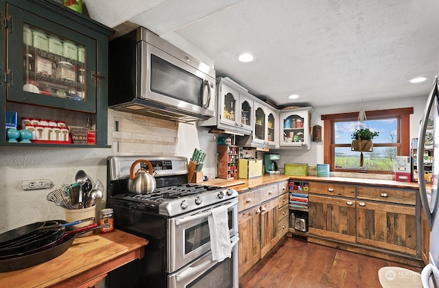 kitchen featuring stainless steel appliances, a textured ceiling, and dark hardwood / wood-style flooring