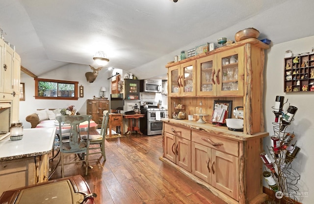 kitchen with butcher block counters, vaulted ceiling, dark hardwood / wood-style floors, and appliances with stainless steel finishes