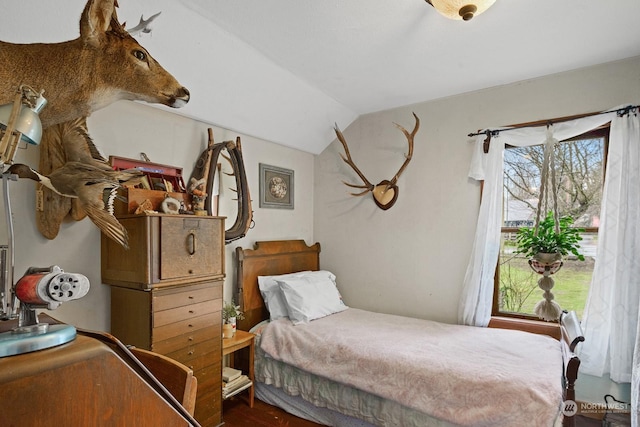 bedroom featuring lofted ceiling