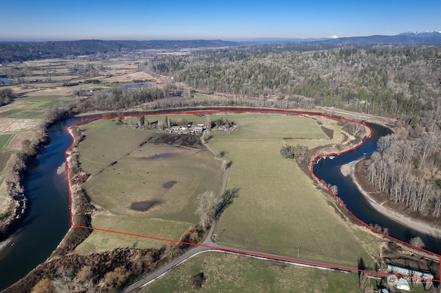 aerial view featuring a water view and a rural view