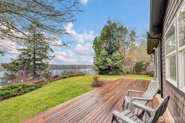 wooden deck featuring a yard and fence