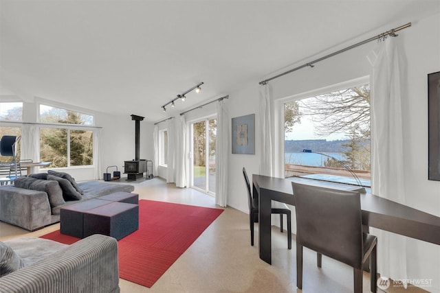 living room featuring a wood stove, rail lighting, and vaulted ceiling