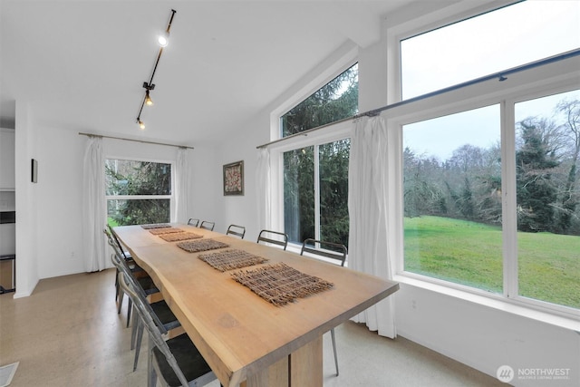 dining area featuring finished concrete flooring, rail lighting, and vaulted ceiling