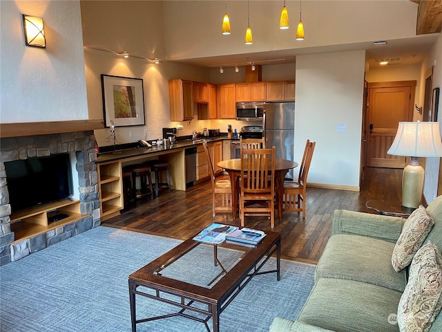 living room with a towering ceiling, a stone fireplace, rail lighting, and dark hardwood / wood-style floors