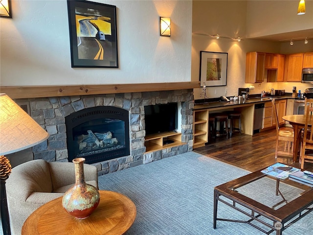 living room with dark hardwood / wood-style flooring, sink, and a stone fireplace