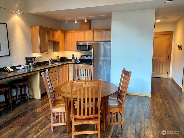 kitchen featuring sink, track lighting, dark hardwood / wood-style floors, and appliances with stainless steel finishes