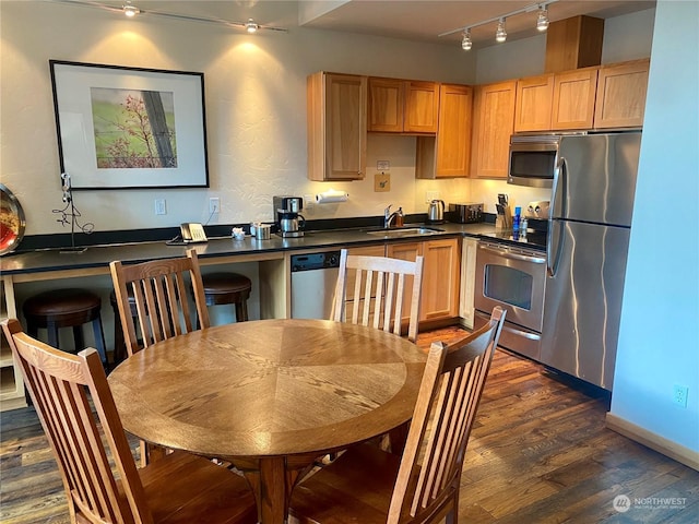 kitchen featuring sink, dark wood-type flooring, track lighting, and appliances with stainless steel finishes