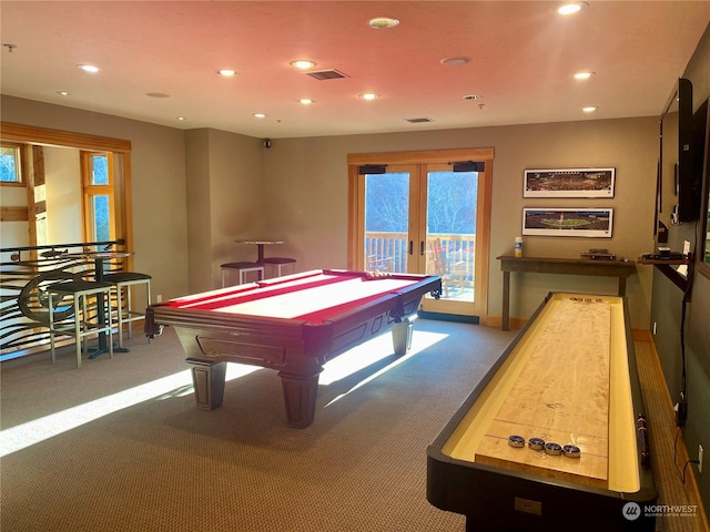 game room featuring billiards, french doors, and carpet